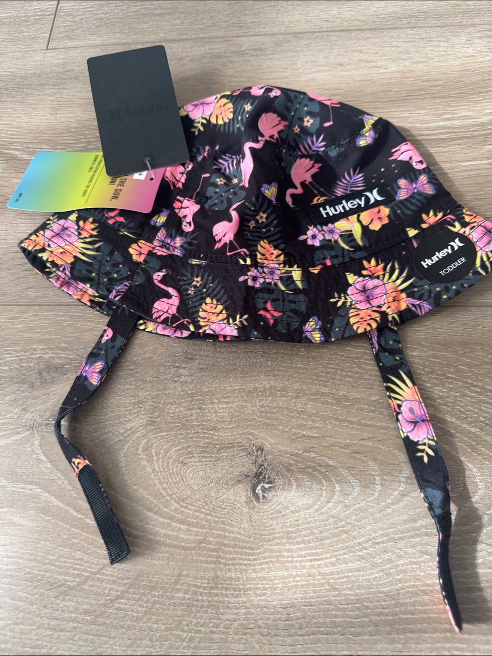 Hurley Black Bucket Hat with Pink Flamingos & Tropical Flowers